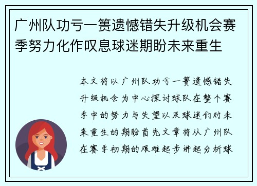 广州队功亏一篑遗憾错失升级机会赛季努力化作叹息球迷期盼未来重生 广州队功亏一篑遗憾错失升级机会赛季努力化作叹息球迷期盼未来重生